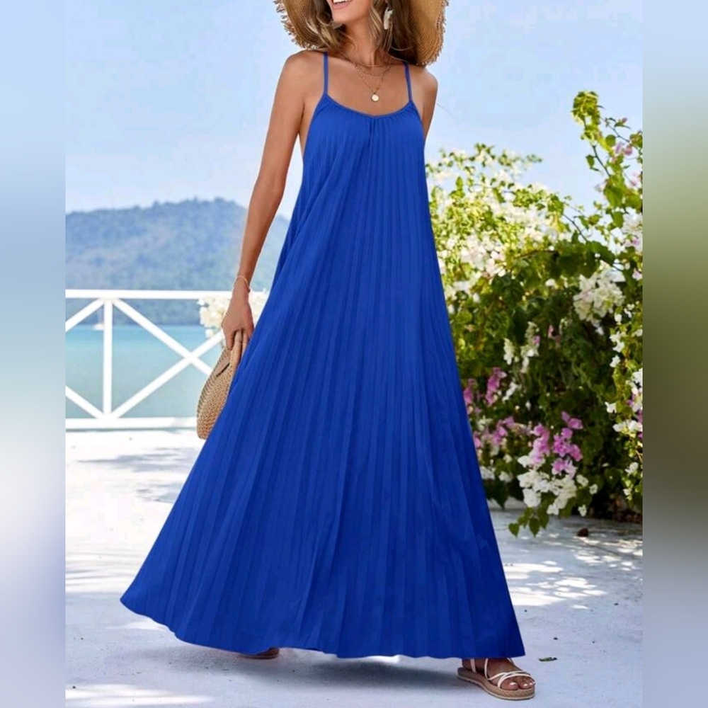 * New Flowy Pleated Maxi Halter Cami Dress Royal Blue - Picture 3 of 9